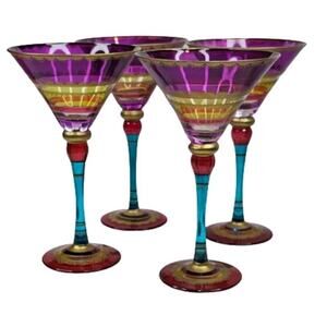 4 Pier 1 Festive Martini Glasses Blown Colorful Purple Stripe Gold Accent 8" Set